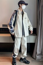秋季新款大码港风休闲学生拼花翻领夹克束脚裤套装男TZD08P90图片