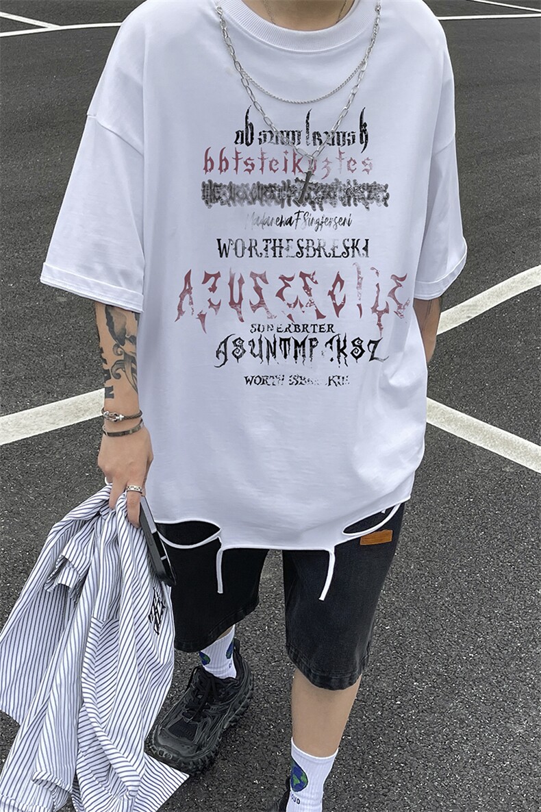 港风个性字母印花百搭带链条短袖圆领丐版T恤DT6342P40控58,男装T恤,电商A268A