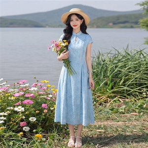 复古气质连衣裙女夏季新款女神范时尚收腰显瘦减龄中长款裙子图片