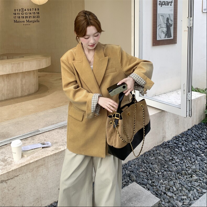 复古轻熟风黄色格纹拼接翻袖西装外套女2025秋季气质时髦淡人西服,女装西装,2C198