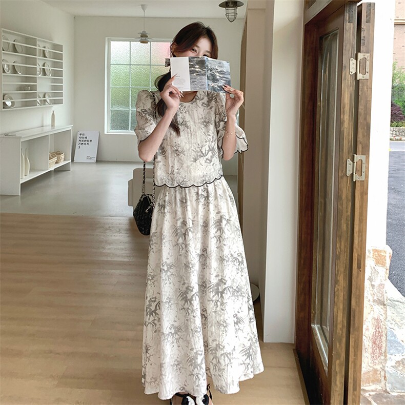 新中式禅意女2025夏季搭配一整套国风水墨画上衣半身裙,女装连衣裙,诺蝶