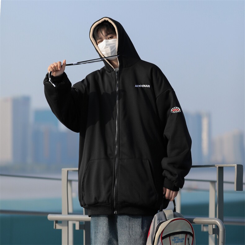羊羔毛加绒连帽外套男冬季美式复古ins宽松卫衣棉服W7973-P74,男装卫衣,星座512-4