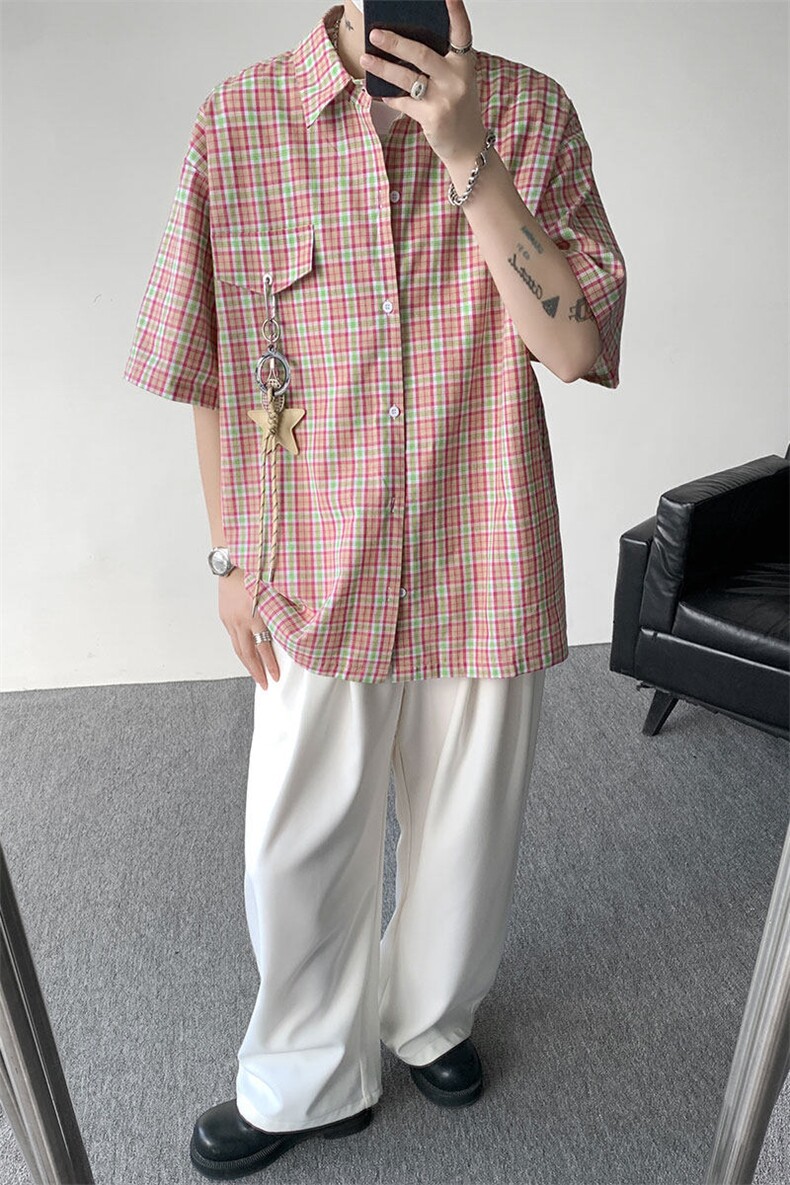 （带配件）CS1151-特批40控78夏季新款男女格子短袖大码男衬衫,男装T恤,电商A059