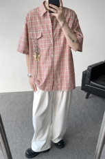 （带配件）CS1151-特批40控78夏季新款男女格子短袖大码男衬衫，男装T恤，电商A059
