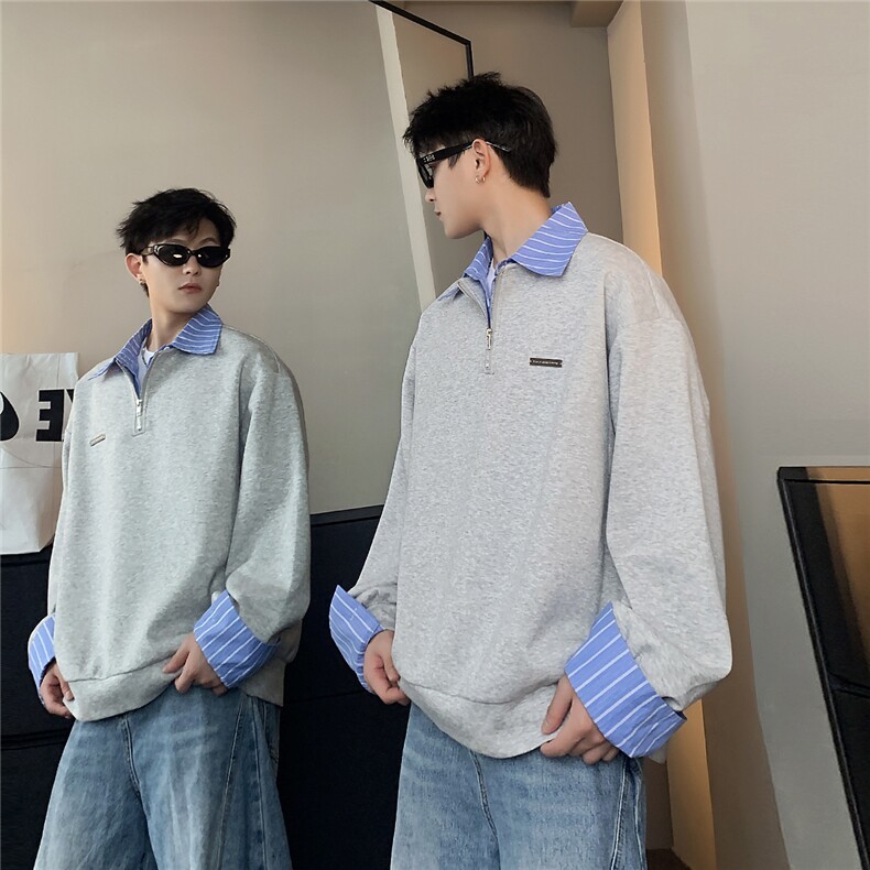 韩版假两件衬衫春秋拼接卫衣长袖男翻领宽松套头POLO上衣W100-P58,男装Polo衫,电商C307