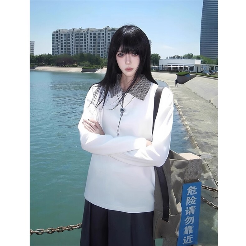 现货千鸟格拼接翻领T恤长袖上衣情侣款男女CX01-TP35,男装T恤,星座910A