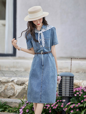 蓓罗拉牛仔夏季连衣裙女夏季新款2025中长款收腰显瘦气质短袖减龄，女装牛仔裙，悦祺