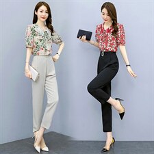 2022夏季新款简约时尚个性系带娃娃领碎花上衣休闲两件套，女装套装/套裙，依如秀(原杭风阁)