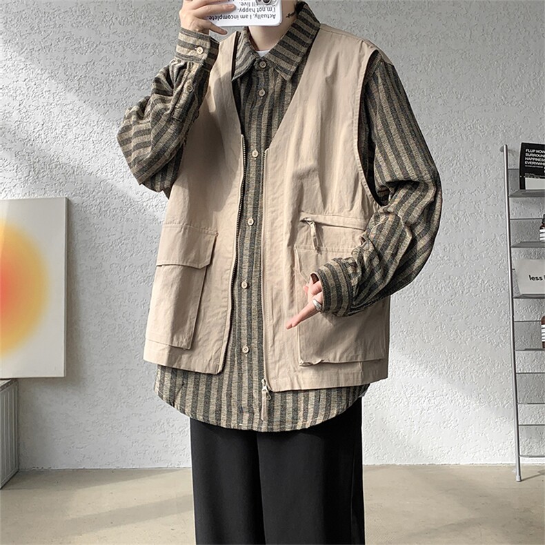 8XL-M特大码衬衫男假两件拼接衬衫新中式坎肩马甲外穿CS508TP68，男装衬衫，电商D206-1