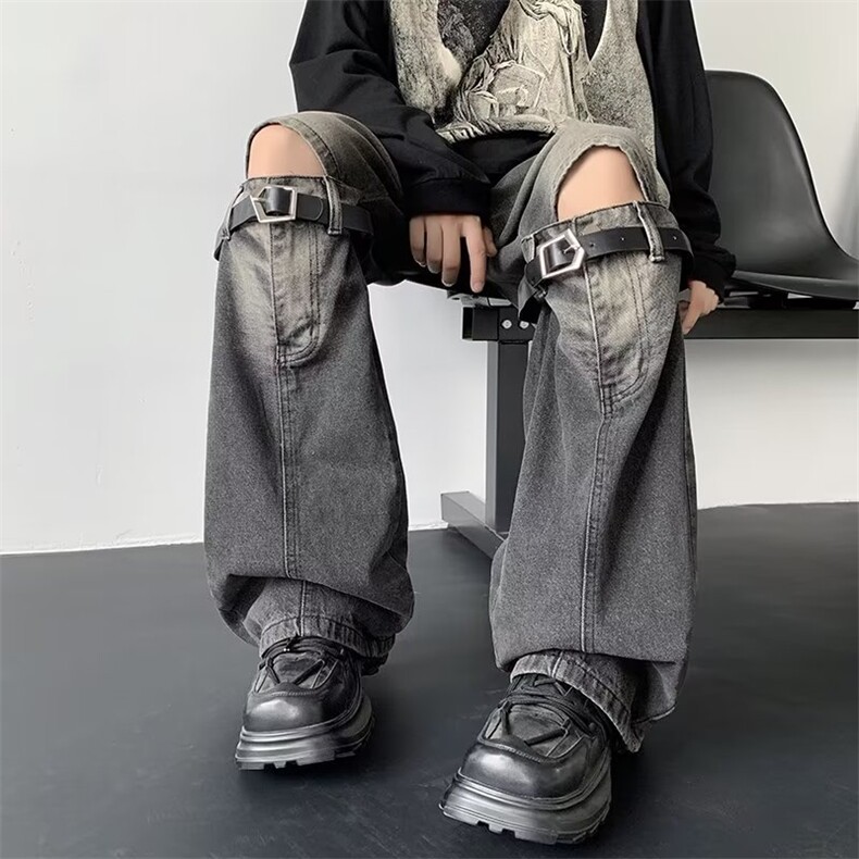 美式高街牛仔裤男韩版个性膝盖开口皮带2024秋季ins长裤RK818-P59,男装牛仔裤,星座412-2