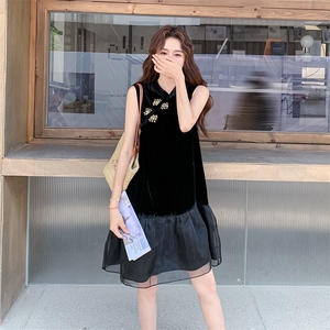 新中式国风无袖丝绒连衣裙女夏薄款好看网纱拼接改良旗袍鱼尾裙子图片