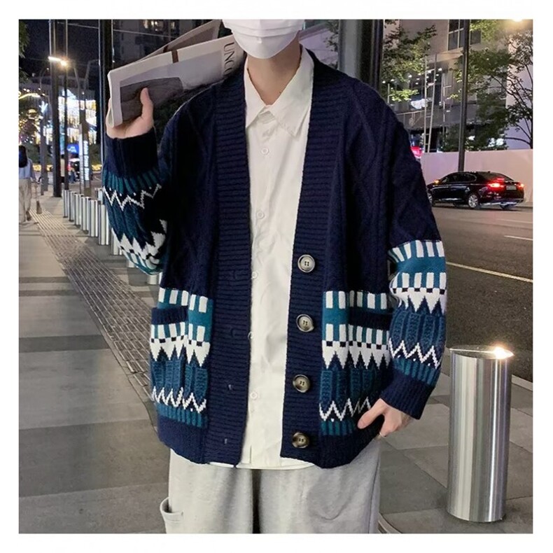 B432P50男装日系复古拼接菱格V领开衫毛衣宽松痞帅潮针织,男装针织衫/毛衣,星座512-6