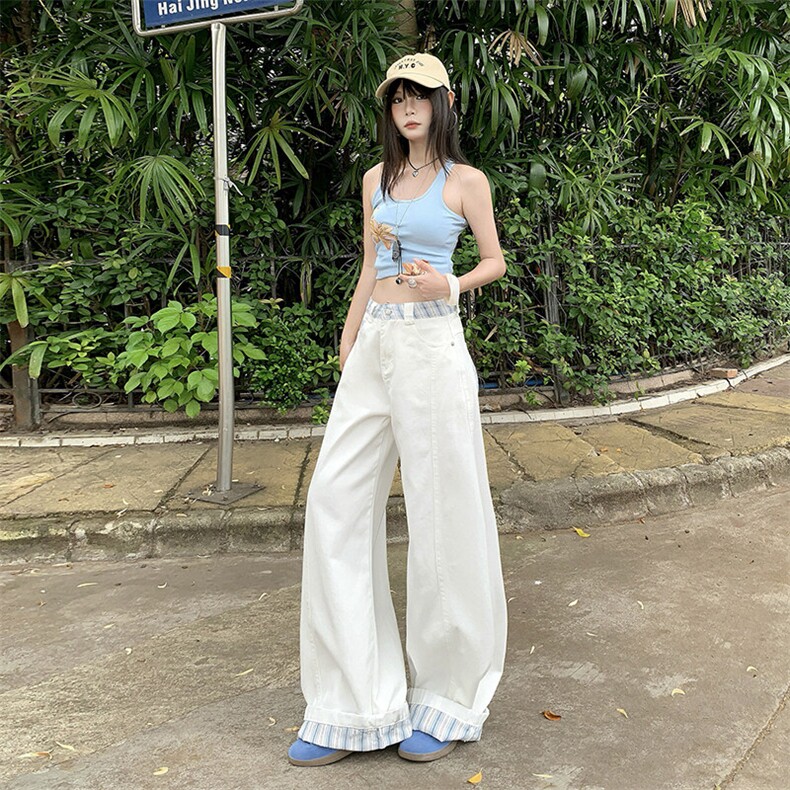 美式拼接格纹白色裤子男女夏季宽松直筒工装阔腿休闲裤YD9025-P60,男装牛仔裤,星座509
