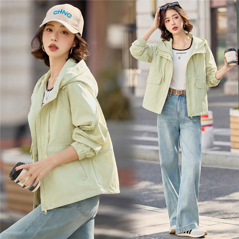 小个子短外套女2026年春季女士户外冲锋衣拉链短款连帽,女装短外套,悦祺