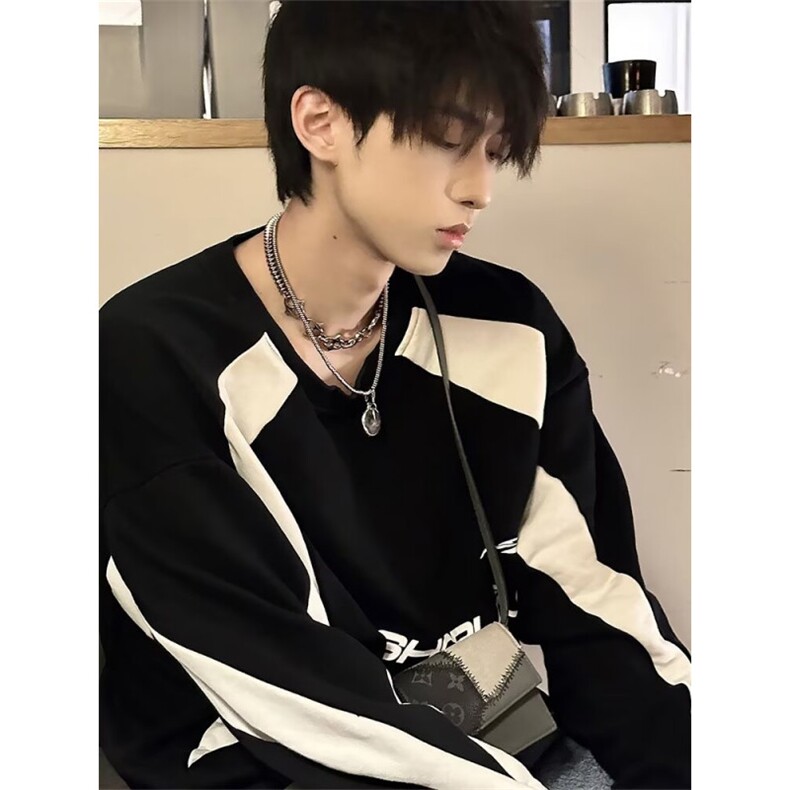 黑白拼接撞色赛车卫衣男款美式复古冰球服潮牌圆领外套WT88,男装卫衣,星座1116A（原606A-3）
