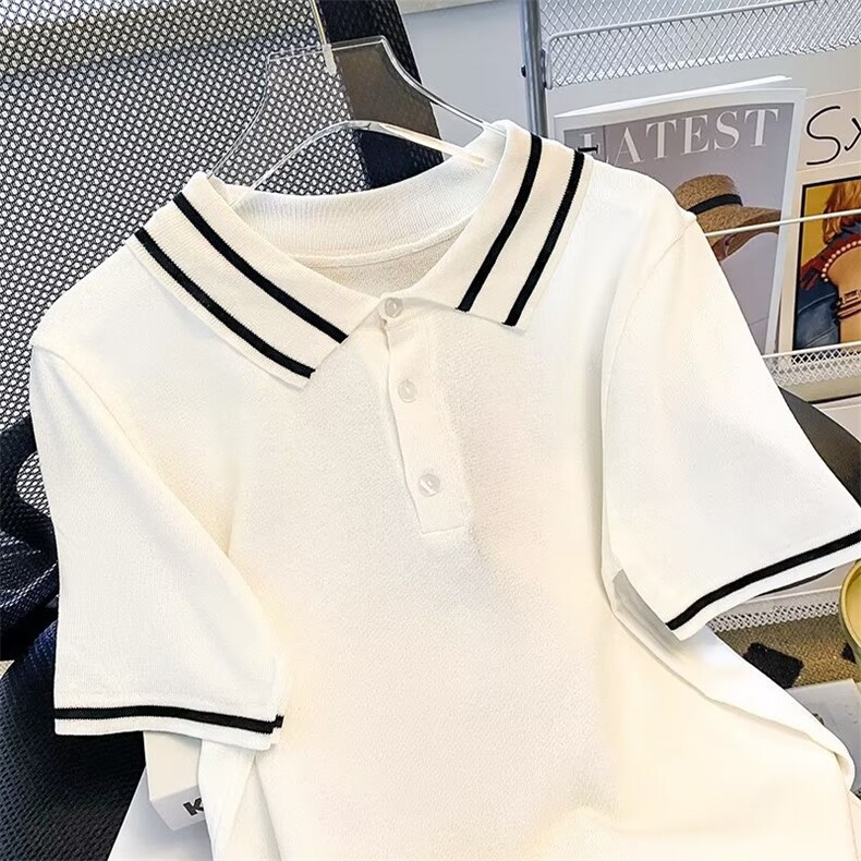 条纹针织短袖POLO衫男女夏季新款百搭休闲翻领T恤上衣T1338-P40,男装Polo衫,星座512-3