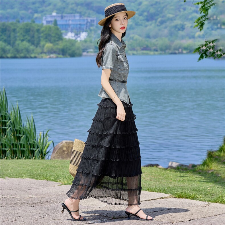 （新款现货）2026夏时尚薄牛仔短袖上衣+蛋糕纱裙两件套（配腰带,女装套装/套裙,印象茜