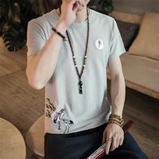 2021夏季新款男装中国风原创圆领仙鹤刺绣T恤复古白鹤短袖G61-P55，男装T恤，电商B277(原6028)