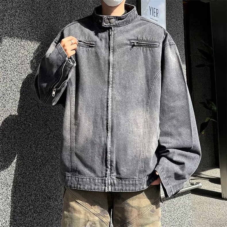美式潮牌设计感小众机车牛仔夹克男秋季高街水洗宽松立领外套2209，男装工装外套，星座506
