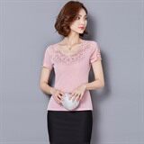 短袖套头修身拼接镶钻镂空圆领纯色2021年夏季蕾丝衫/雪纺衫，女装蕾丝衫/雪纺衫，安之芮娜