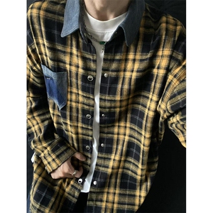 复古长袖格子衬衫男早秋穿搭拼接牛仔领黄色格纹外套CJ02