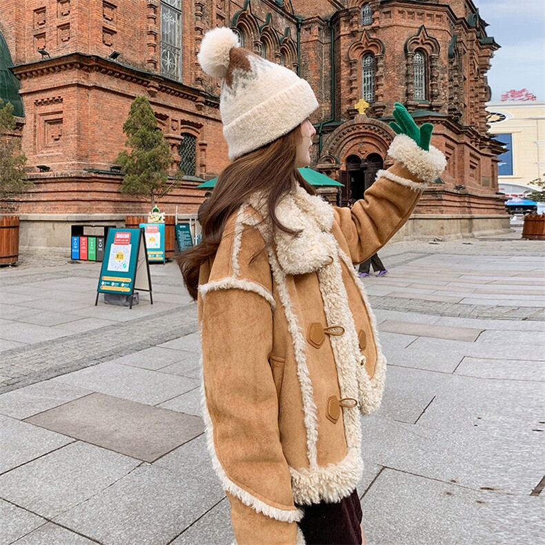 冬麂皮绒毛短外套加绒加厚冬新款仿皮毛一体仿羊羔毛,女装短外套,秀美人生