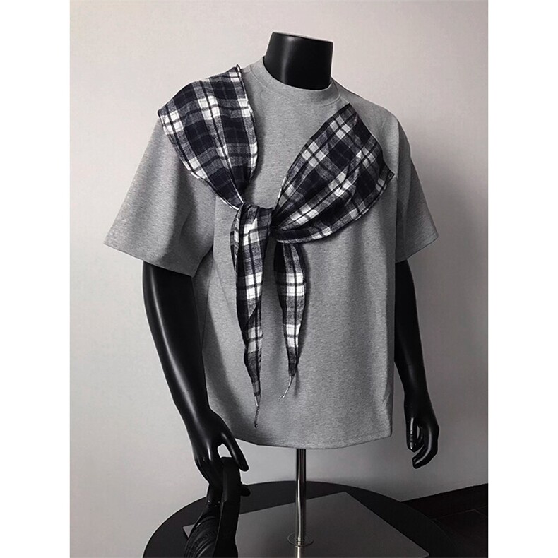 拼接格子布装饰高品质260克双纱纯棉美式高街短袖T恤特P35,男装T恤,电商A486