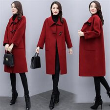 2021秋冬新款时尚牛角扣呢大衣优雅显瘦长款羊毛外套，女装毛呢外套，仟媚宠