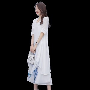 广东十三行连衣裙女大码胖mm显瘦春夏中年妈妈雪纺印花裙，女装连衣裙，秀美人生