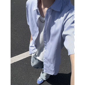 B221 美式ins高街宽松薄款条纹短袖衬衫SY2552-特P28控49图片