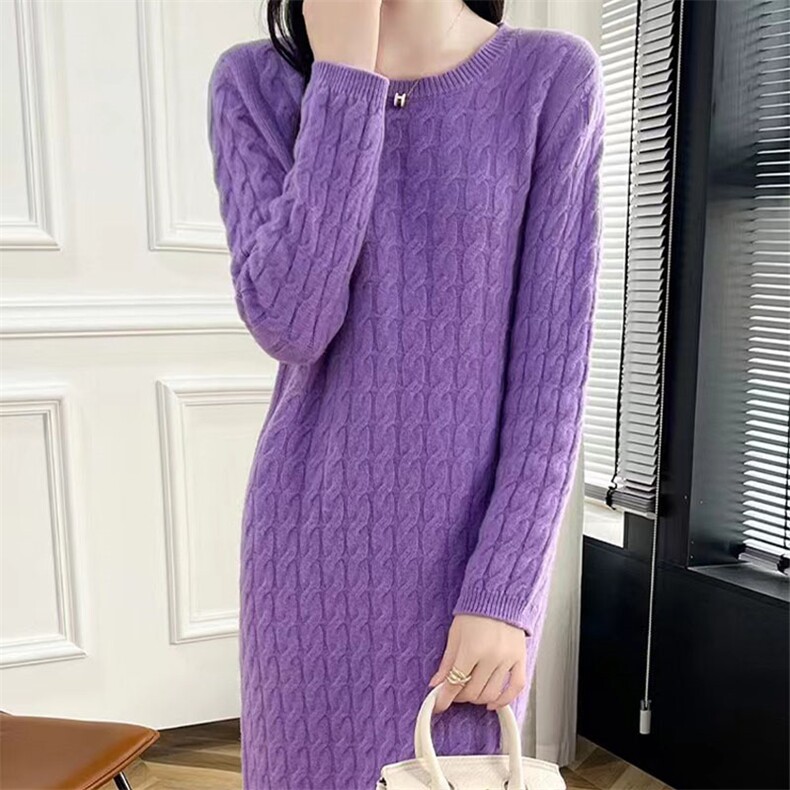 圆领扭花100%纯羊毛衫连衣裙女中长款针织衫毛衣裙宽松羊绒衫长裙,女装连衣裙,萱芳婷羊绒