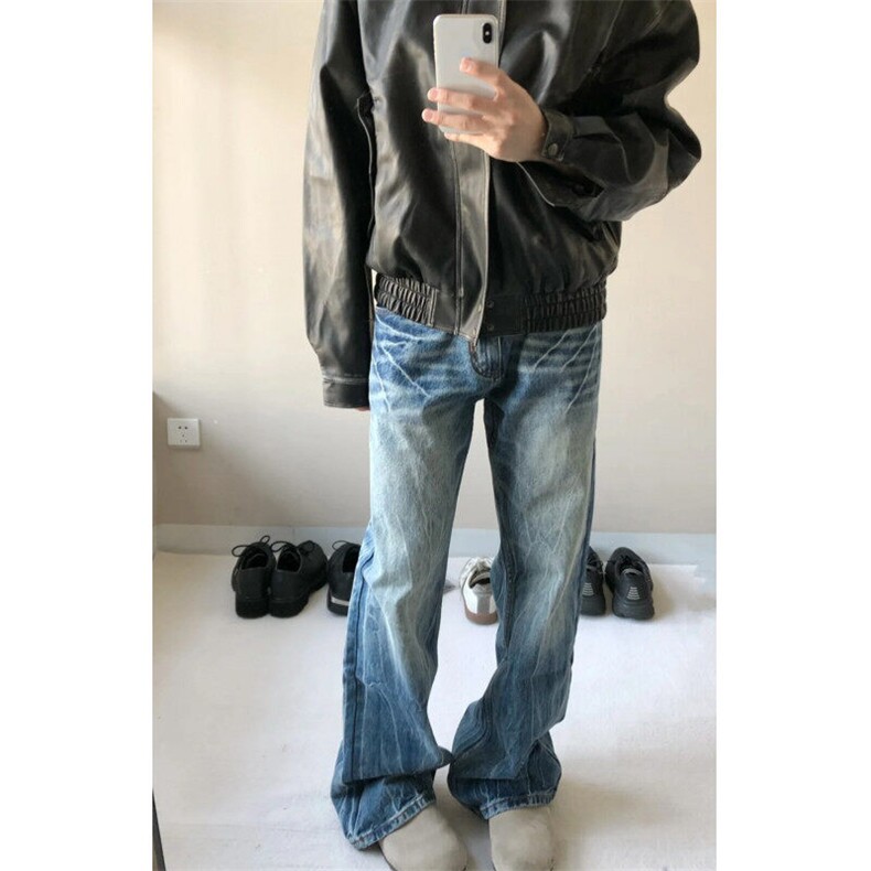 闪电纹蓝色直筒牛仔裤男春秋季cleanfit美式高街vibe裤子微喇长裤,男装牛仔裤,星座601-1