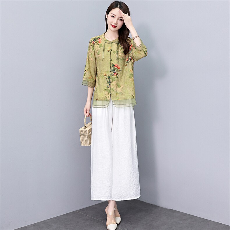 中年妈妈天丝麻套装女夏2024新款新中式印花盘扣小衫阔腿裤两件套，女装套装/套裙，涵墨