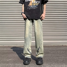 水洗长裤潮直脚牛仔裤气质日系宽松直筒拉链简约男青春流行夏季，男装牛仔裤，星座716-4