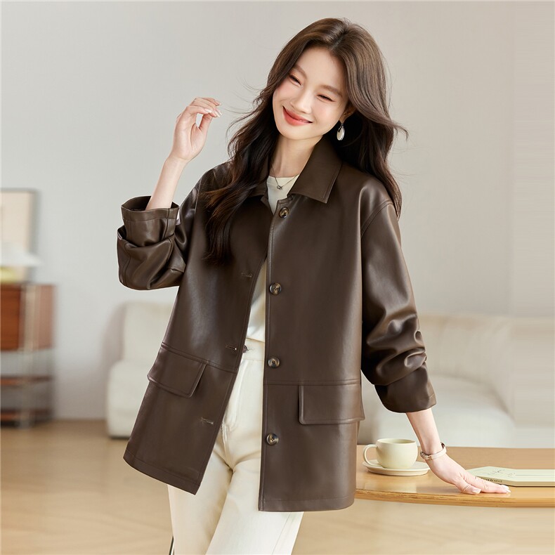 2025年秋季宽松型中长款PU皮衣，女装皮衣，希欧阁