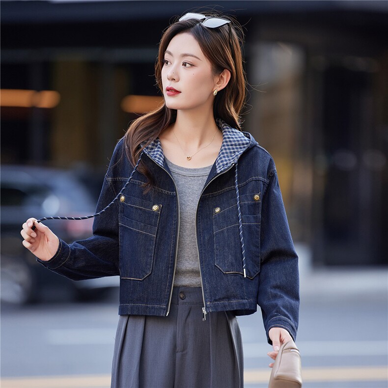 时尚连帽牛仔外套女短款2025春秋新款设计感洋气休闲百搭夹克上衣,女装短外套,靓衣阁
