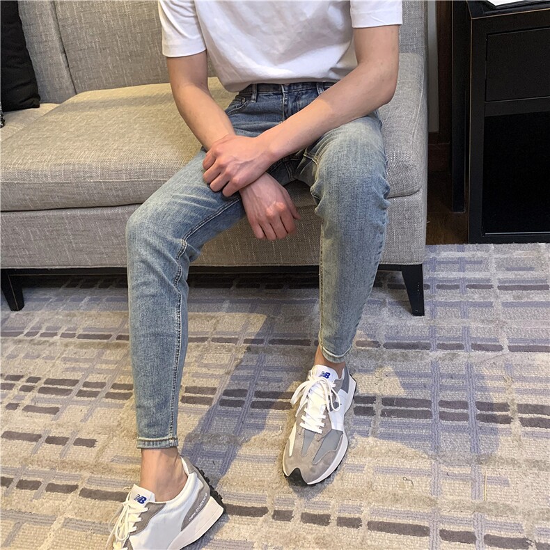 B230-做旧水洗浅蓝色修身小脚弹力铅笔裤，男装休闲裤，电商B230