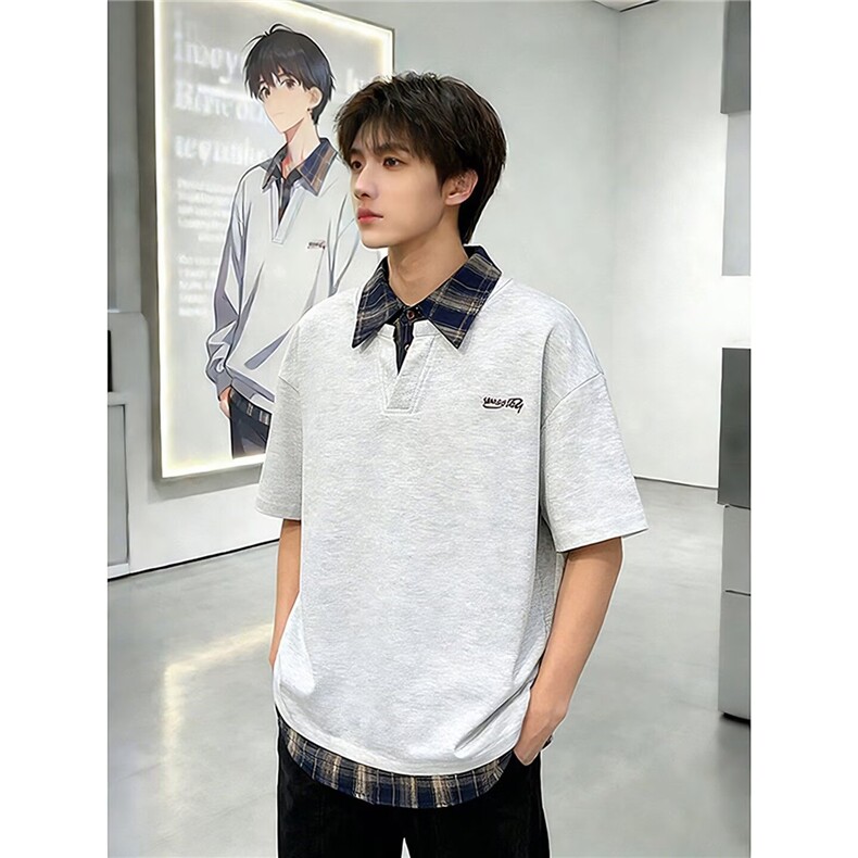 假两件衬衫领polo衫短袖t恤男女刺绣夏季新款百搭港风LD9122-P36，男装T恤，星座1008