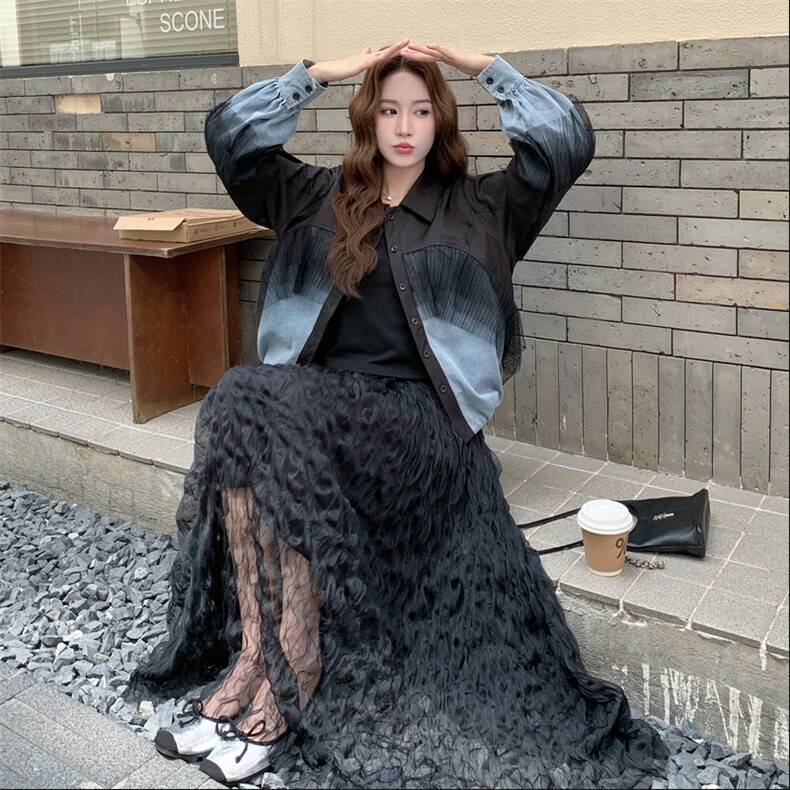 撞色网纱拼接衬衫半身裙套装女2025春秋新款设计感宽松显瘦两件套,女装套装/套裙,2C115