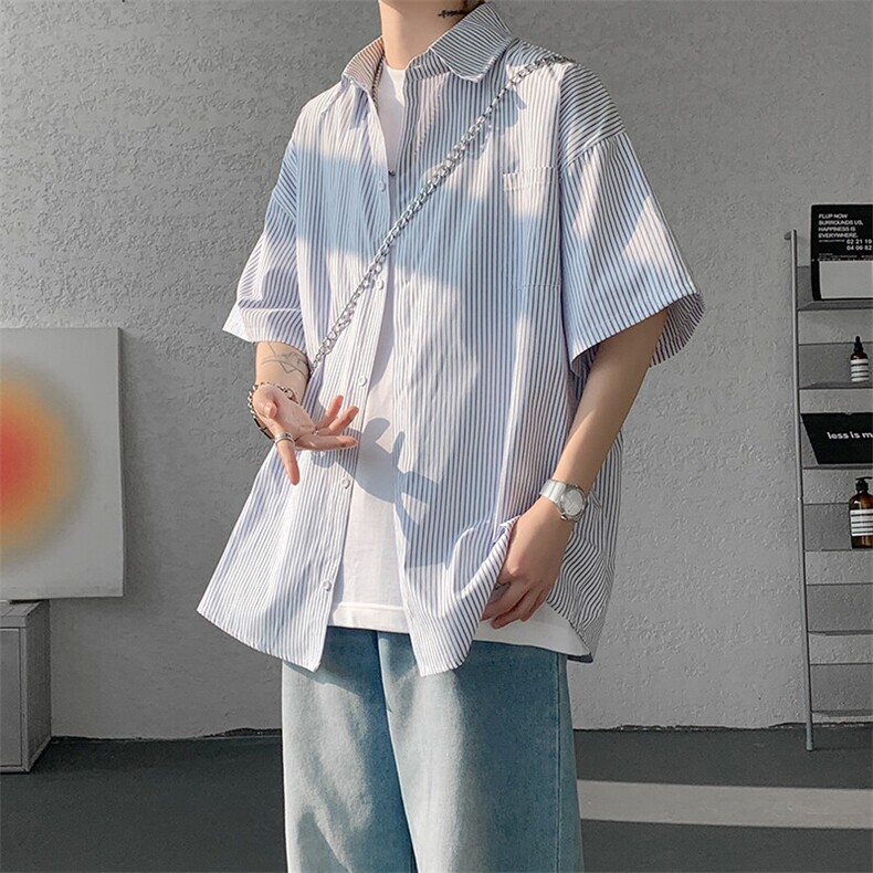 8XL-M条纹短袖衬衫男夏季宽松慵懒风痞帅大码衬衣外套DC28001P40,男装衬衫,电商B312