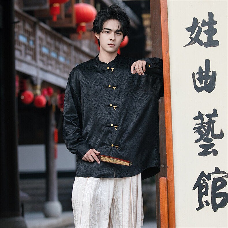 新中式缎面海水江崖（竹福）系列铜竹叶铜扣盘扣立领宽松长袖衬衫图片