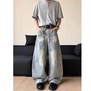 小众街头做旧弯刀牛仔裤宽松水洗解构阔腿裤男牛仔裤 NZK6071-p55图片