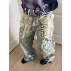 覆古蕾丝珍珠炼条印花牛仔裤男款高街宽松直筒阔腿裤子NG202，男装牛仔裤，星座1116A（原606A-3）