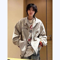 现货网美式高街设计感水洗拼色立领牛仔外套JK8964-P80，男装工装外套，星座1109-4