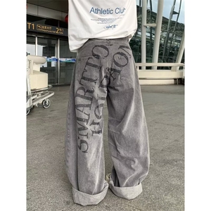 美式牛仔裤子男女情侣秋季潮牌宽松大码直筒水洗阔腿长裤NZB398