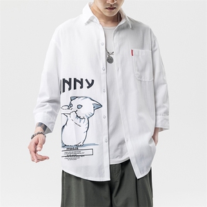 2021夏季新款无影墙日系大码男猫咪印花宽松七分袖衬衫C3005-P45图片