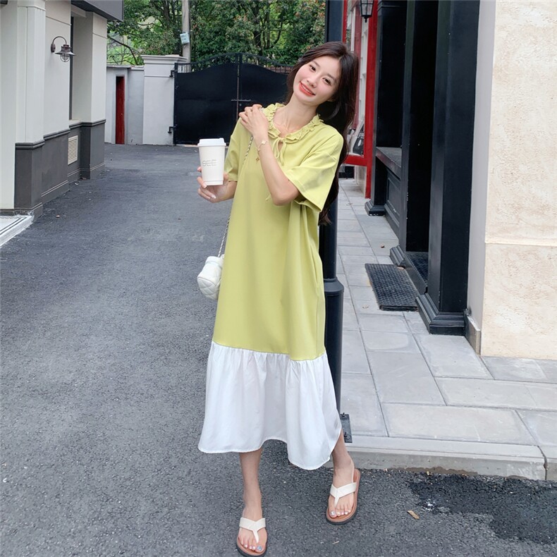 夏季新款宽松显瘦荷叶边中长裙2025韩系减龄休闲拼接T恤裙连衣裙,女装连衣裙,2C217
