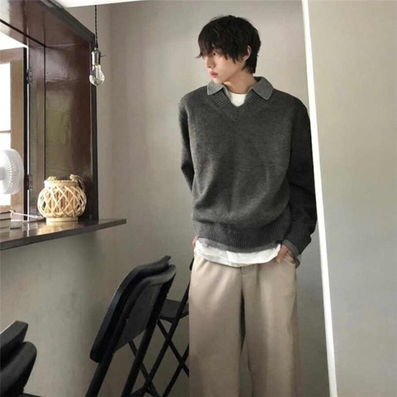 深灰色假两件针织衫男秋冬老钱风穿搭毛衣慵懒高级感V领长袖上衣,男装针织衫/毛衣,星座1210-1
