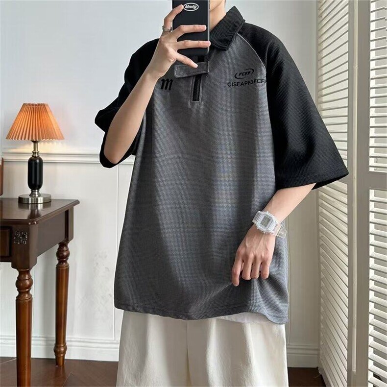 DT78-P32美式撞色华夫格polo衫男短袖夏季潮牌宽松翻领衬衫T恤,男装Polo衫,星座603-2