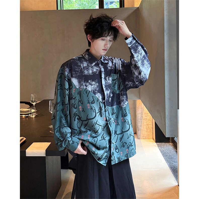 CS1152-特批38控68秋季新款新中式撞色拼接长袖冰丝衬衫大码男,男装衬衫,电商A059